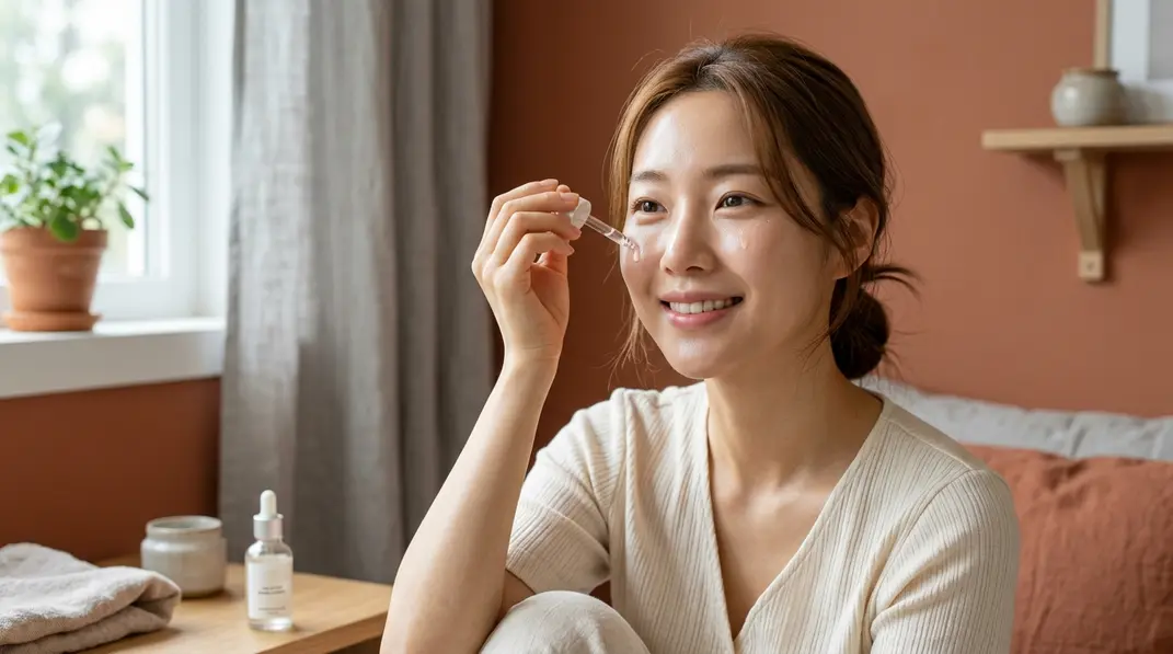 A young Asian woman with glowing glass skin gently doing her skincare routine in a warm, terracotta-toned room.
