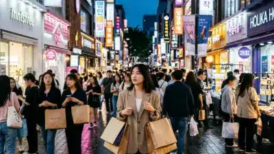 A vibrant and bustling street scene in Myeongdong, Seoul, famous for K-beauty shopping.