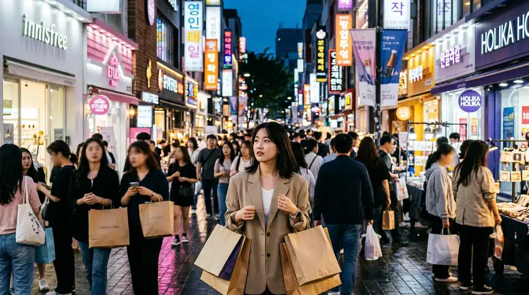 A vibrant and bustling street scene in Myeongdong, Seoul, famous for K-beauty shopping.