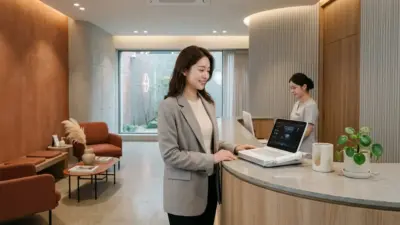 A luxurious and modern South Korean aesthetic clinic interior with warm lighting.
