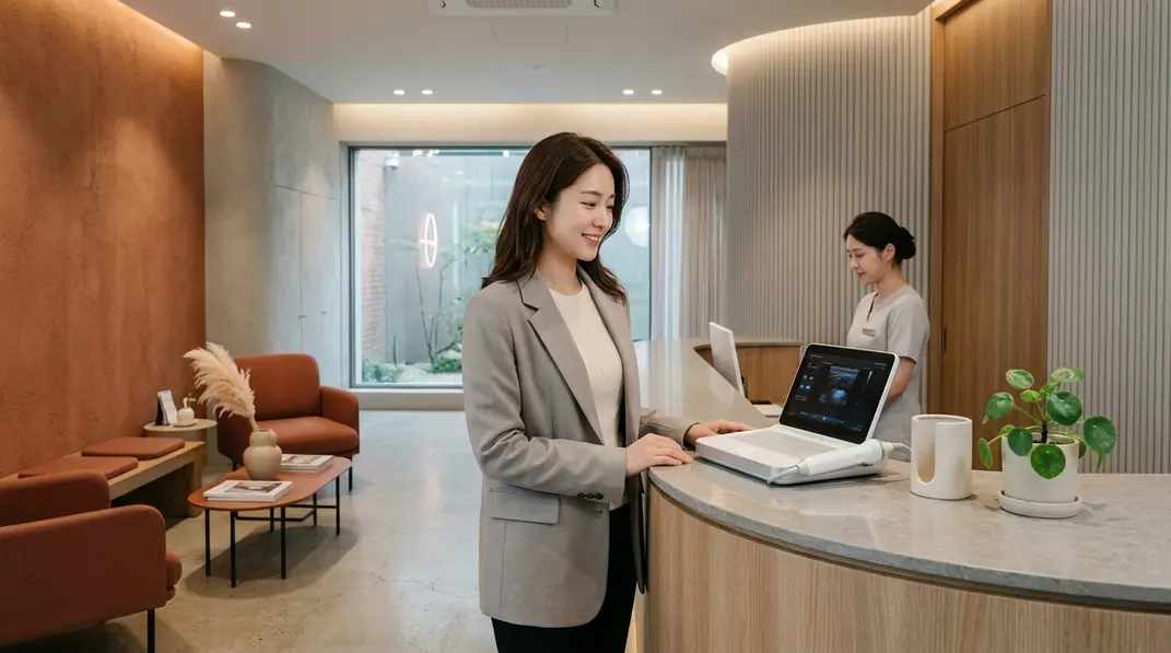 A luxurious and modern South Korean aesthetic clinic interior with warm lighting.
