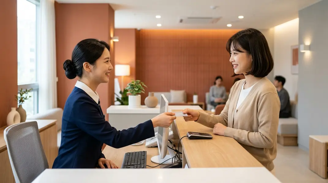 A smiling patient handing a credit card to a friendly clinic receptionist in a bright, modern South Korean medical facility.