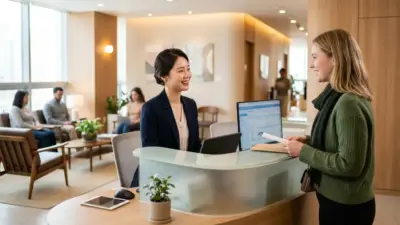 A friendly receptionist smiling at a foreign patient in a modern Seoul clinic.