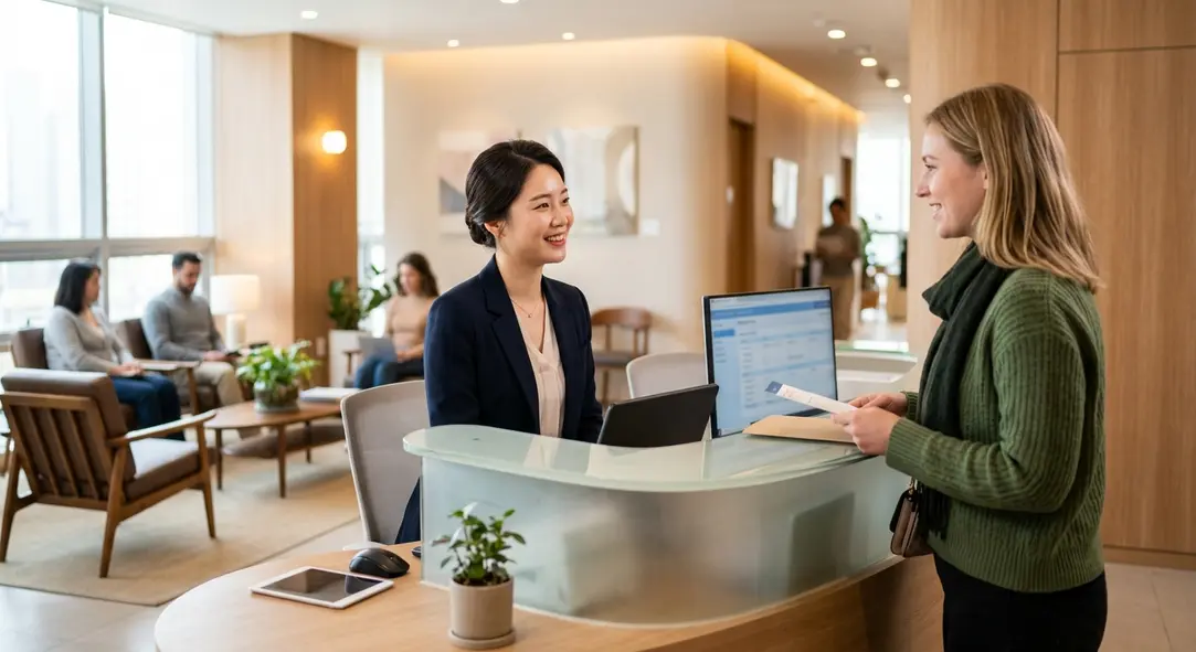 A friendly receptionist smiling at a foreign patient in a modern Seoul clinic.