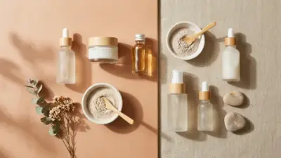 A minimalist arrangement of elegant Korean skincare products like cleansers, toners, and serums on a soft terracotta background.