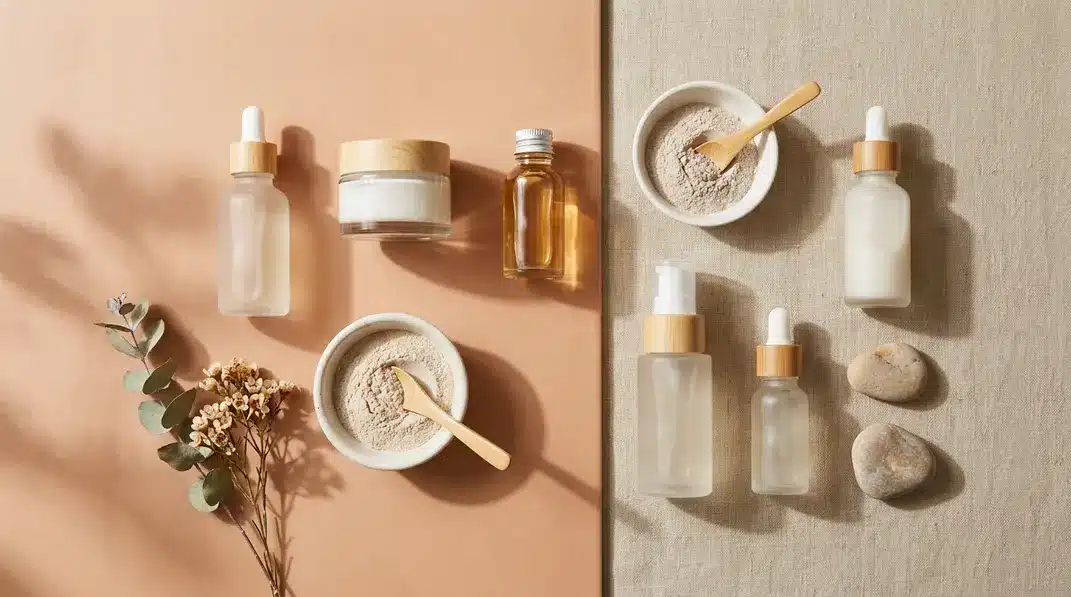 A minimalist arrangement of elegant Korean skincare products like cleansers, toners, and serums on a soft terracotta background.