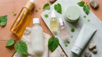 Top down view of gentle Korean skincare products on a warm terracotta background.