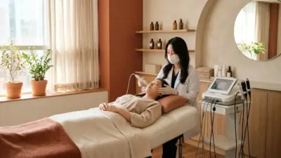 A clean, modern dermatology treatment room with warm lighting.