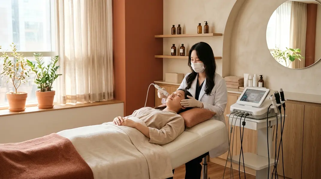 A clean, modern dermatology treatment room with warm lighting.