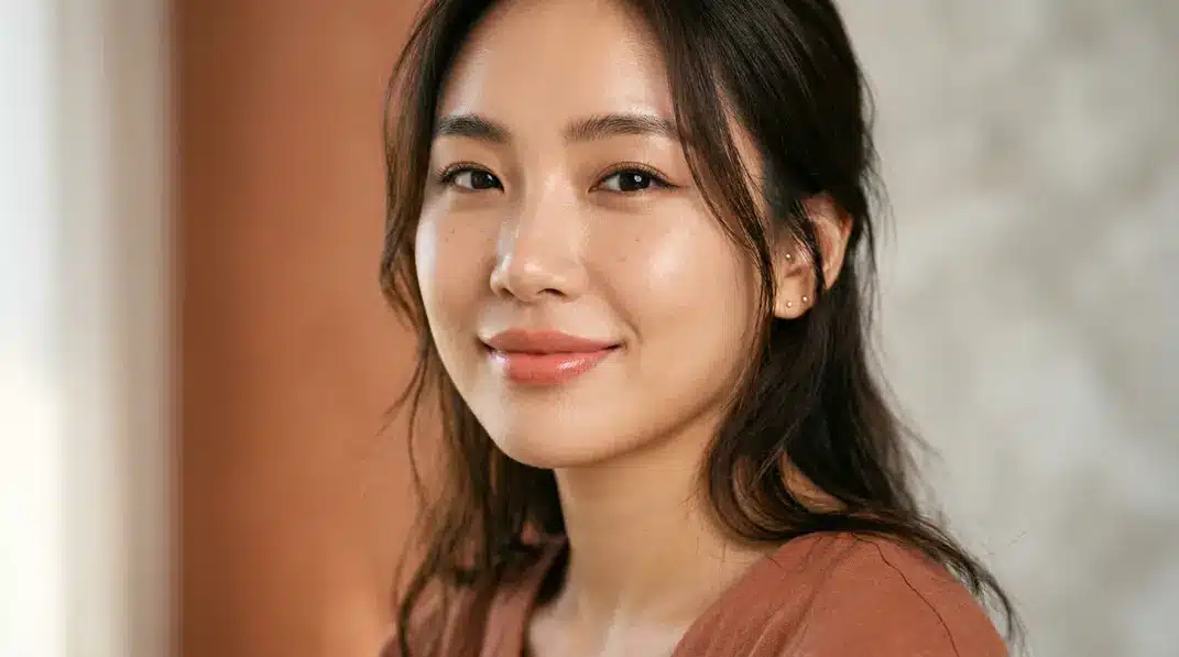 A beautiful woman with softly tinted, naturally glowing pink lips resulting from a healed lip blush tattoo.