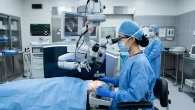 A futuristic excimer laser machine in a pristine, modern operating room.