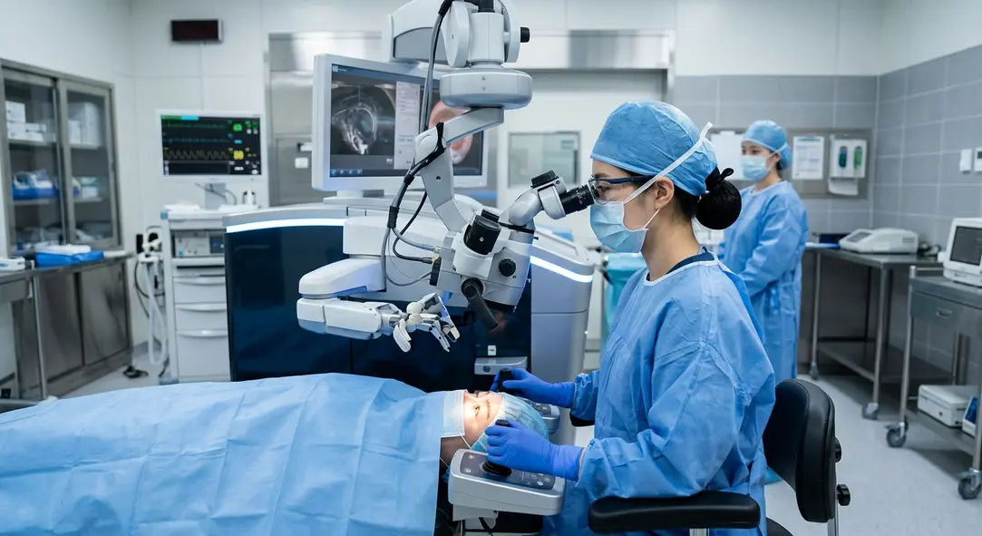 A futuristic excimer laser machine in a pristine, modern operating room.