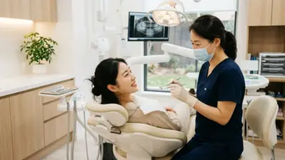 A modern, clean dental clinic room featuring a comfortable patient chair and warm, soothing lighting.