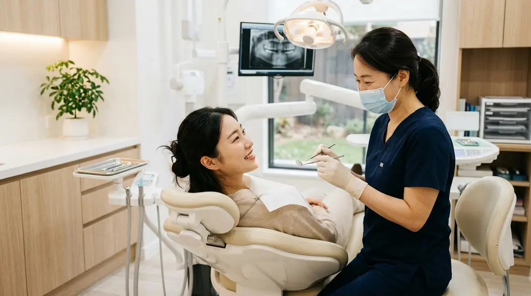 A modern, clean dental clinic room featuring a comfortable patient chair and warm, soothing lighting.