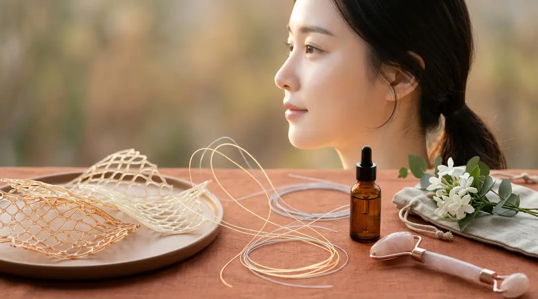 A beautiful representation of skin elasticity and facial rejuvenation featuring smooth PDO threads and a glowing face profile.