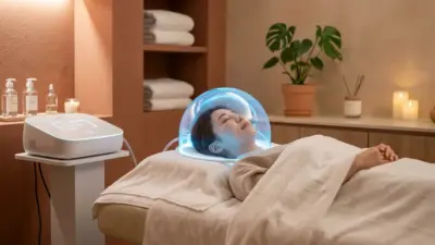 A modern esthetic spa room featuring the O2toDerm clear oxygen dome and digital machine, set against soothing warm terracotta tones.