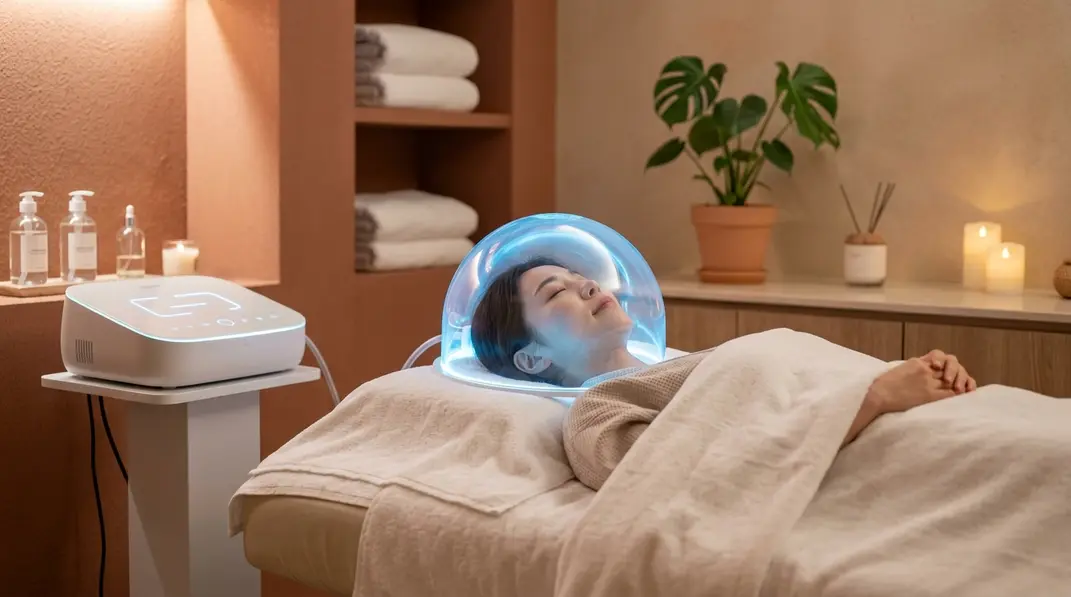 A modern esthetic spa room featuring the O2toDerm clear oxygen dome and digital machine, set against soothing warm terracotta tones.
