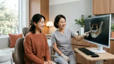 A patient and an oral surgeon discussing a 3D digital jaw scan on a modern computer monitor
