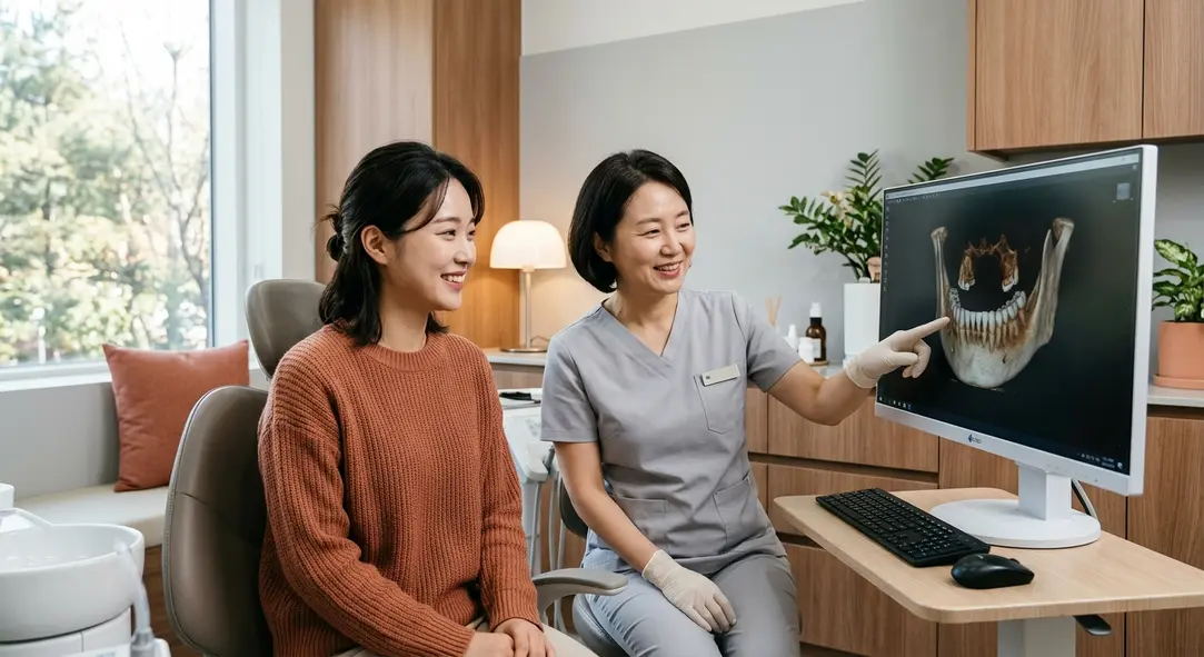 A patient and an oral surgeon discussing a 3D digital jaw scan on a modern computer monitor