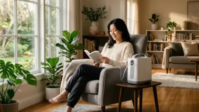A modern, sleek oxygen concentrator sitting next to a comfortable armchair in a sunlit living room.