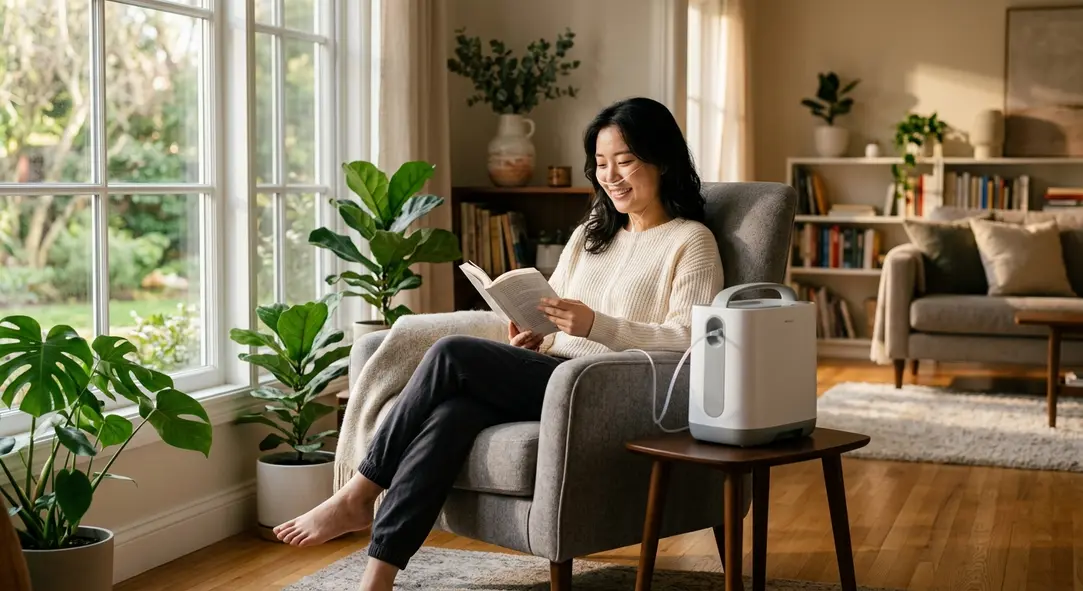 A modern, sleek oxygen concentrator sitting next to a comfortable armchair in a sunlit living room.