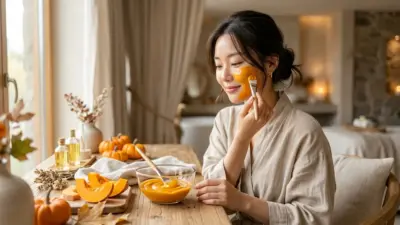 A creamy orange pumpkin peel mask in a sleek glass bowl surrounded by fresh pumpkin slices and a soft application brush.