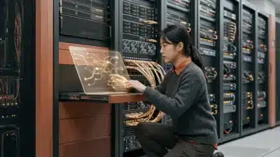 A glowing digital interface connecting to an intricate server network, representing API integration.