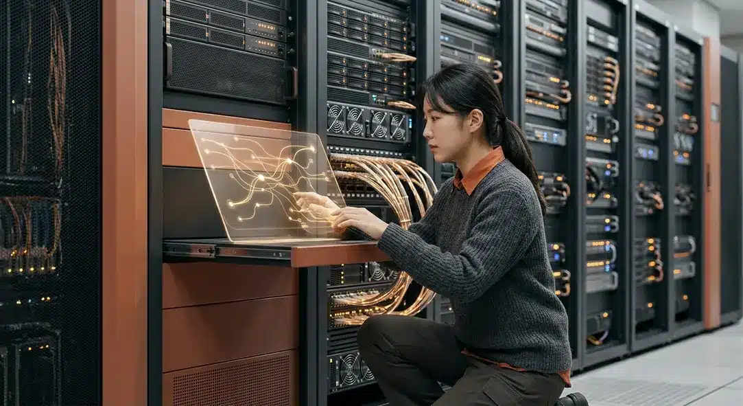 A glowing digital interface connecting to an intricate server network, representing API integration.