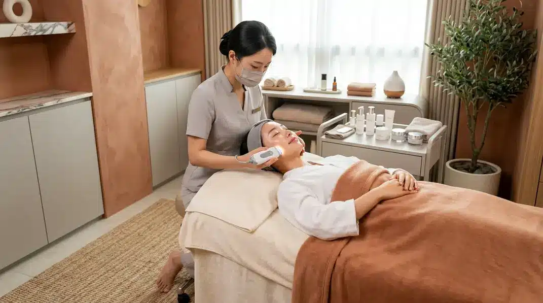 A serene woman receiving a non-invasive skincare treatment in a bright, modern aesthetic clinic