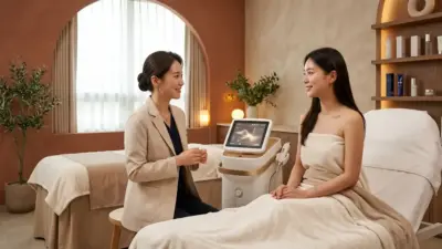 A luxurious dermatology clinic in Seoul, South Korea featuring modern skincare devices and a warm terracotta aesthetic.