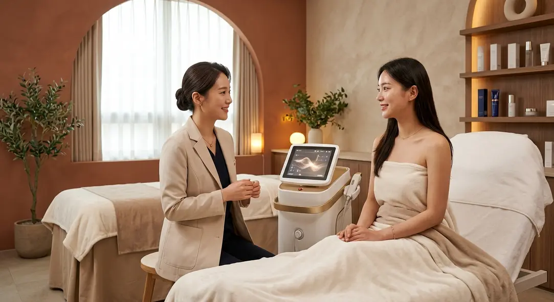 A luxurious dermatology clinic in Seoul, South Korea featuring modern skincare devices and a warm terracotta aesthetic.