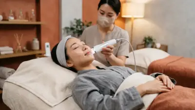A woman peacefully relaxing during a non-invasive Sonocare facial treatment.
