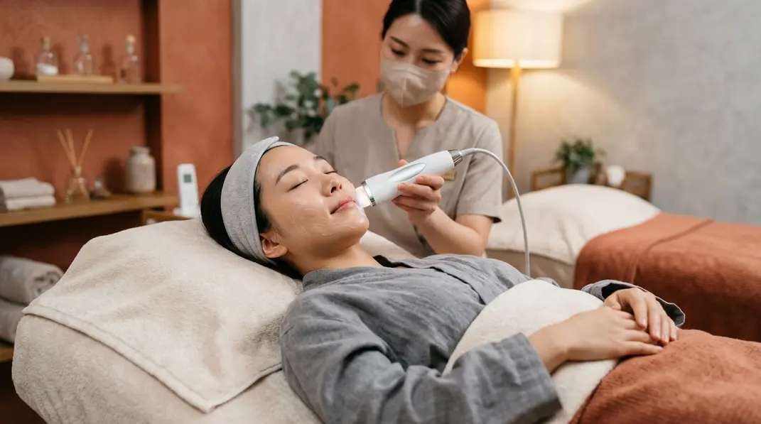 A woman peacefully relaxing during a non-invasive Sonocare facial treatment.