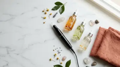 Cosmetic tattoo pen and aesthetic skincare elements arranged elegantly on a table.