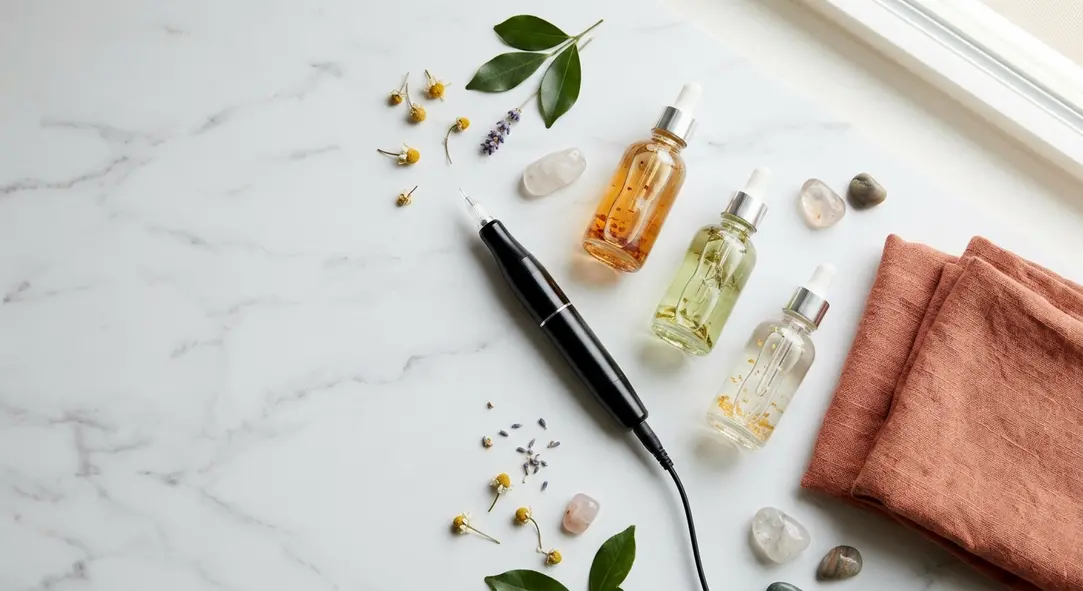Cosmetic tattoo pen and aesthetic skincare elements arranged elegantly on a table.