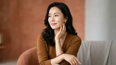 A beautiful woman with glowing, tightened skin gently touching her neck and jawline, representing the anti-aging benefits of Ultherapy PRIME.