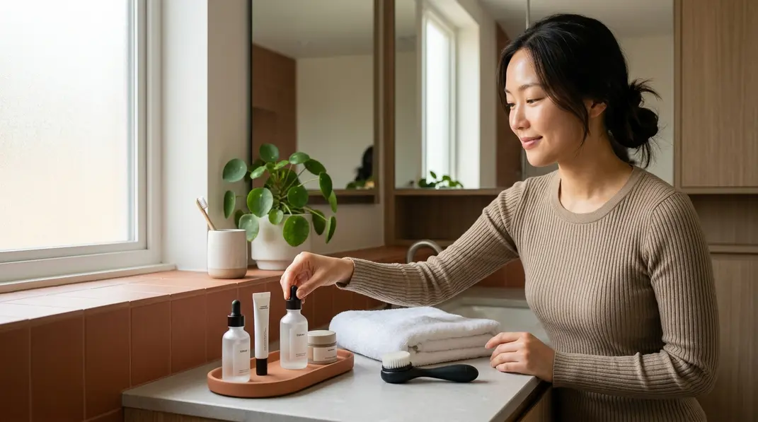 Elegant bathroom setup featuring minimalist acne skincare products on a terracotta and light gray counter
