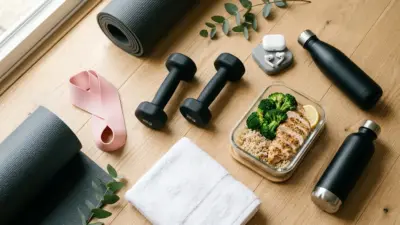 A pair of modern black dumbbells, a resistance band, and a healthy meal prep container on a light wooden floor.