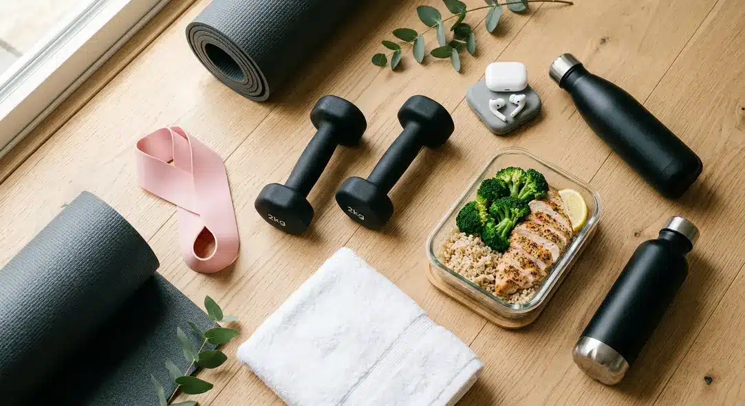 A pair of modern black dumbbells, a resistance band, and a healthy meal prep container on a light wooden floor.