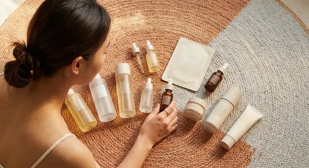 A complete set of Korean skincare products arranged in order on a terracotta background.