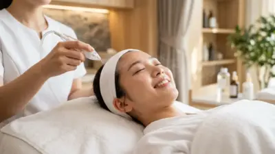 A close-up of a smiling woman receiving a gentle oxygen facial in a modern spa setting.