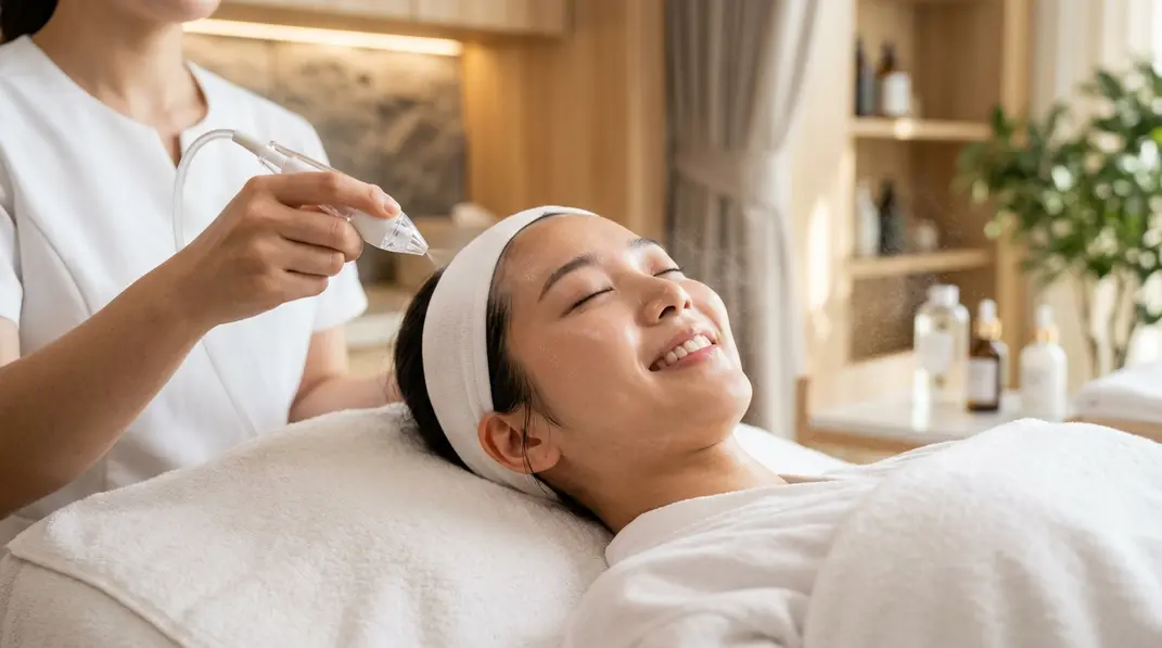 A close-up of a smiling woman receiving a gentle oxygen facial in a modern spa setting.