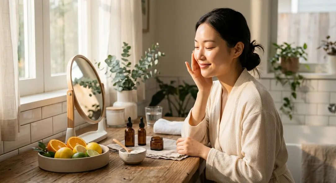 A minimalist flatlay of a morning skincare routine emphasizing skin elasticity.