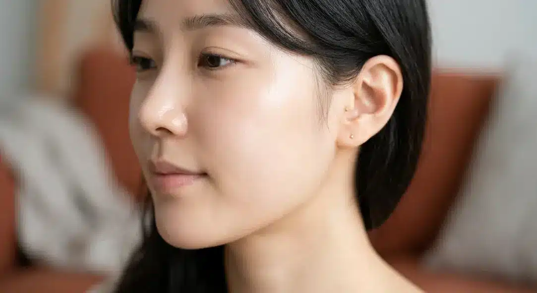 A close-up of a woman's perfectly clear, glowing cheek.