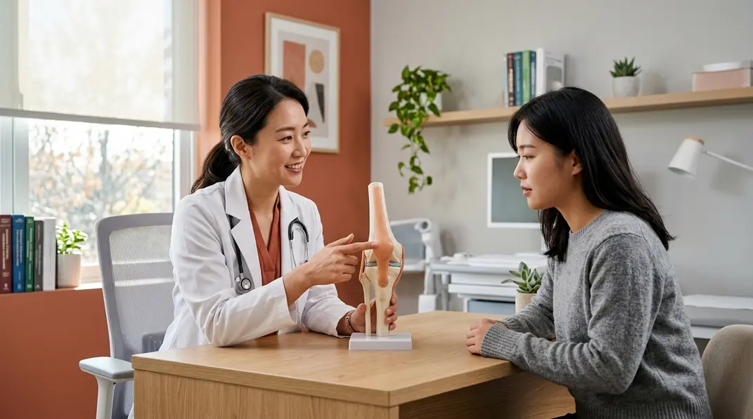 A doctor discussing joint care with a patient in a modern medical clinic