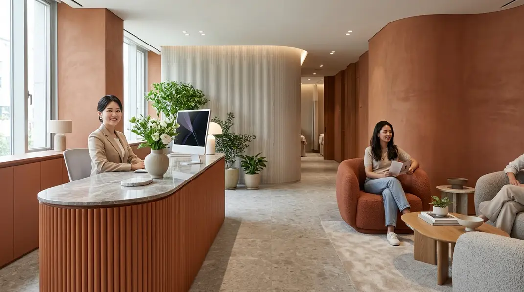 The bright and welcoming reception area of a modern foreigner-friendly skin clinic in Seoul.