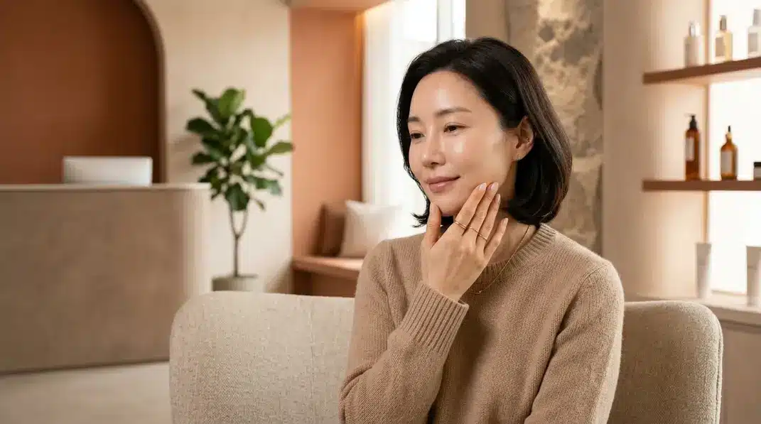 A woman gently touching her tight and smooth jawline, demonstrating the results of a Doublo HIFU skin lifting treatment.