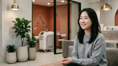 A youthful woman with glowing skin standing in a modern clinic setting with warm aesthetic colors.