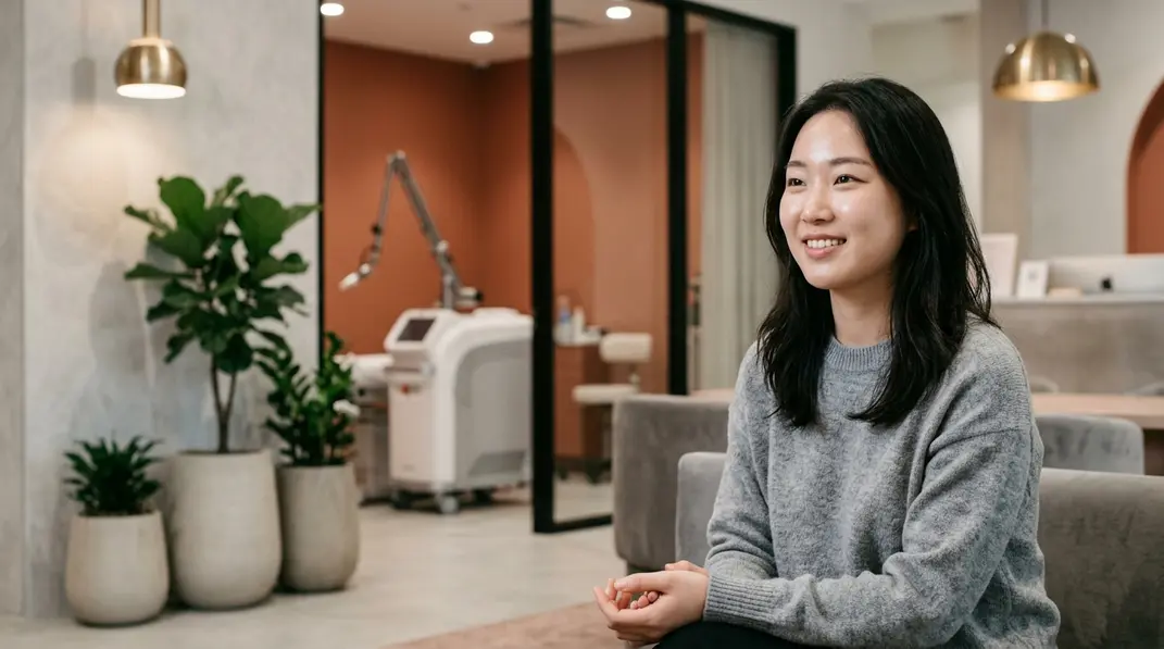 A youthful woman with glowing skin standing in a modern clinic setting with warm aesthetic colors.