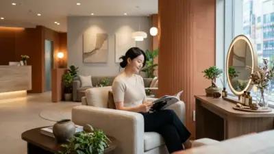 A luxurious, modern dermatology clinic waiting room in Seoul with soft ambient lighting.